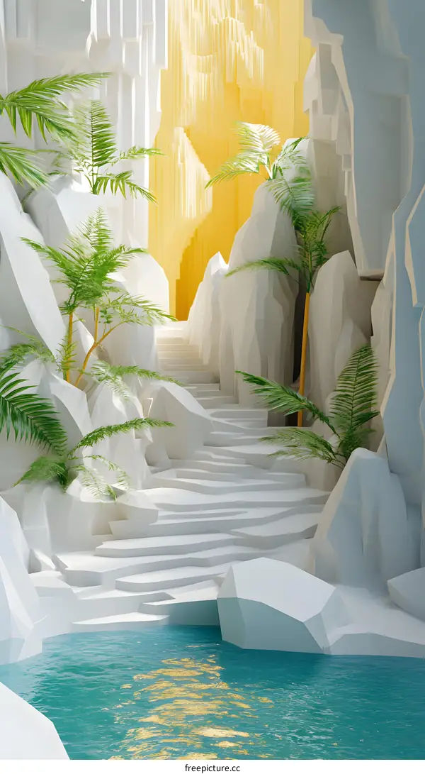 Abstract Minimalist 3D Scene with White Rocks and Palm Trees