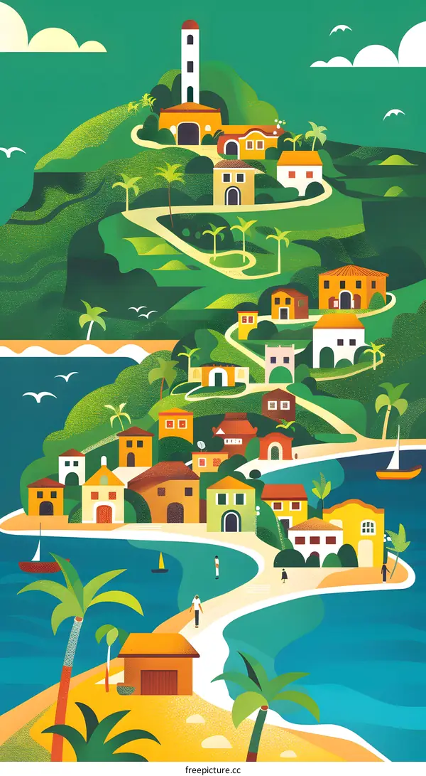 Colorful Illustration of a Small Village on a Hillside by the Sea