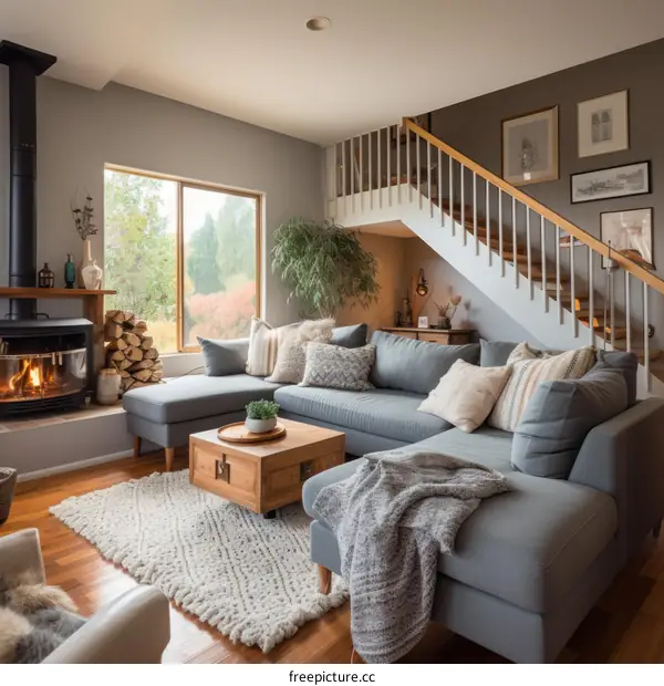 Cozy living room interior with fireplace, sofa, rug, coffee table, plants, and staircase