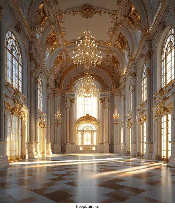 Golden Chandelier and Sunlight in Grand Hall