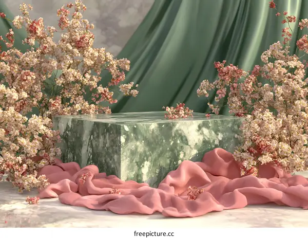 Green Marble Product Display with Pink Flowers and Fabric