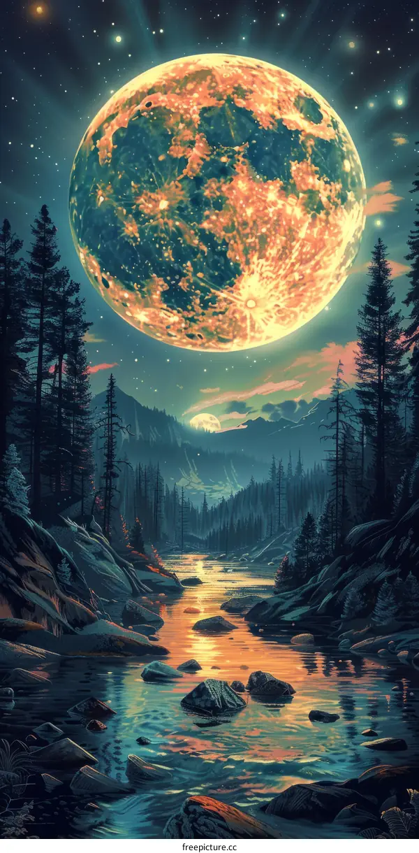 The moon rises over a mountain river in the wilderness