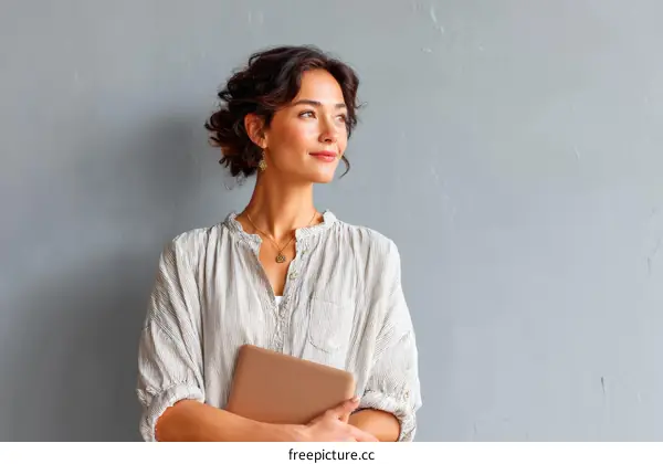 Confident Woman Holding Tablet Against a Gray Wall