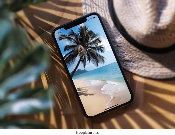Tropical Beach Phone Wallpaper with Palm Tree