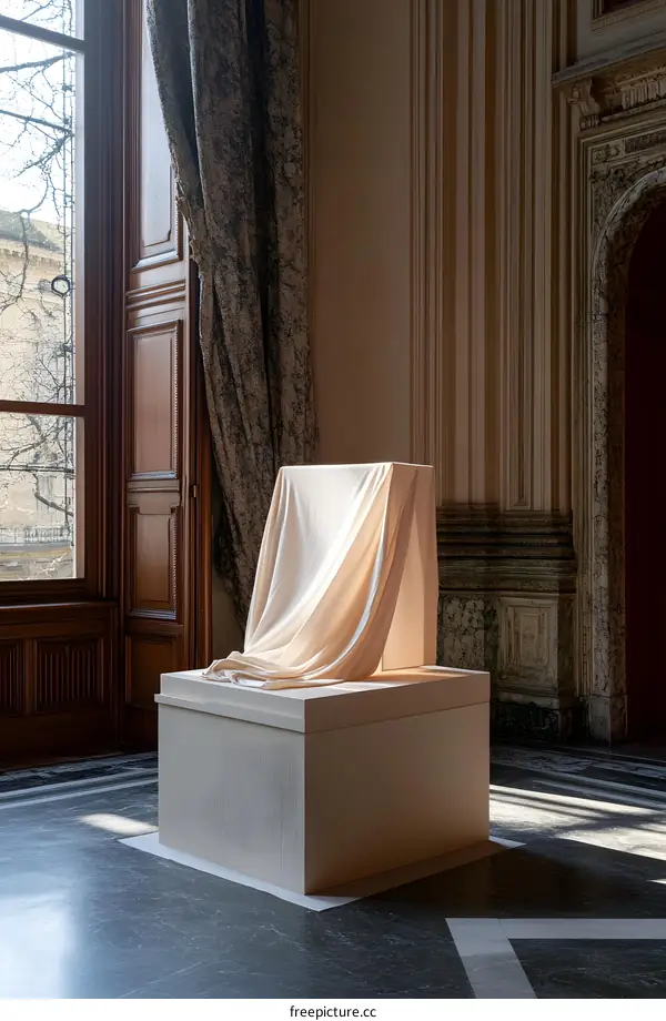 White Cloth Draped Over A Chair In A Room With A Window