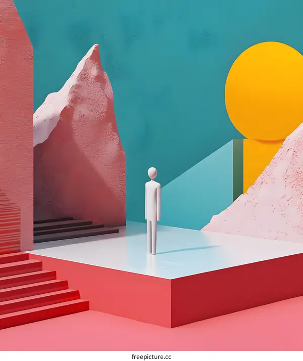 Abstract Minimalist Illustration with a Stick Figure Standing on a Platform in a Geometric World with a Pink Mountain, Blue Sky and a Yellow Sun