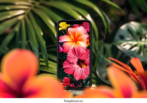 Tropical Flowers On Phone Screen In Green Nature