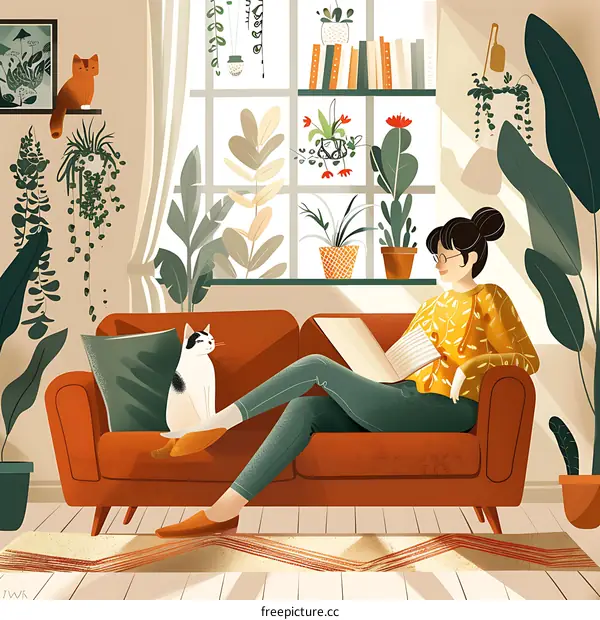 Woman Relaxing on a Sofa with a Cat and a Book