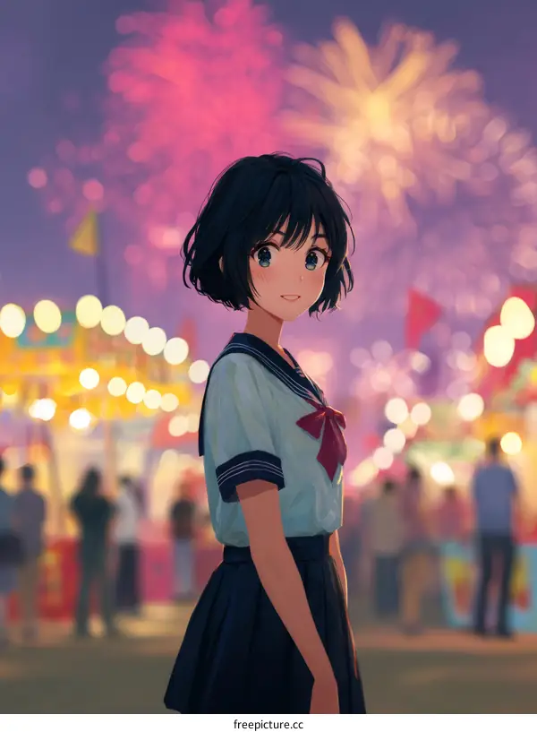 A girl in school uniform in the night market with fireworks