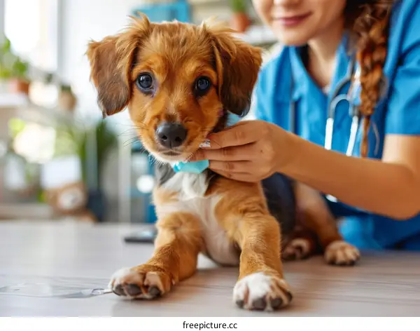A veterinarian examines a puppy in a clinic