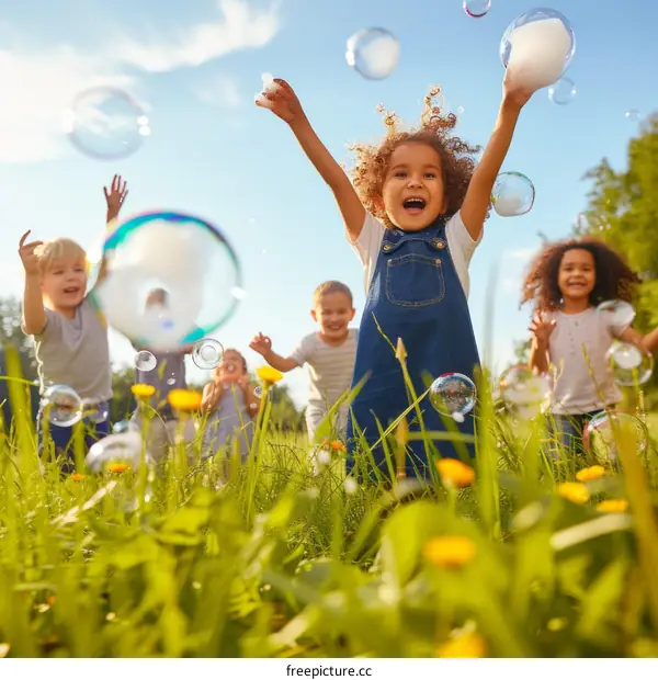 carefree children playing with bubbles in a field