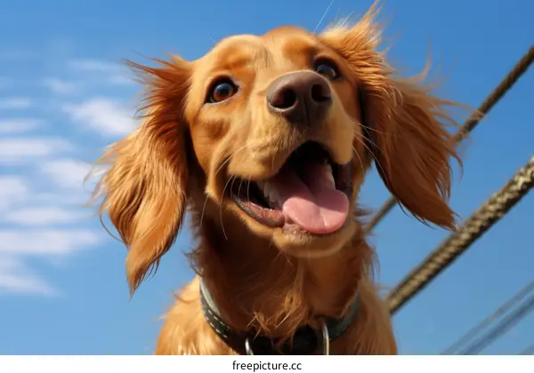 A happy golden retriever dog looking up at the sky