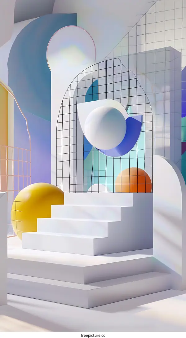 Abstract Minimalist 3D Rendering of Geometric Shapes and a White Platform