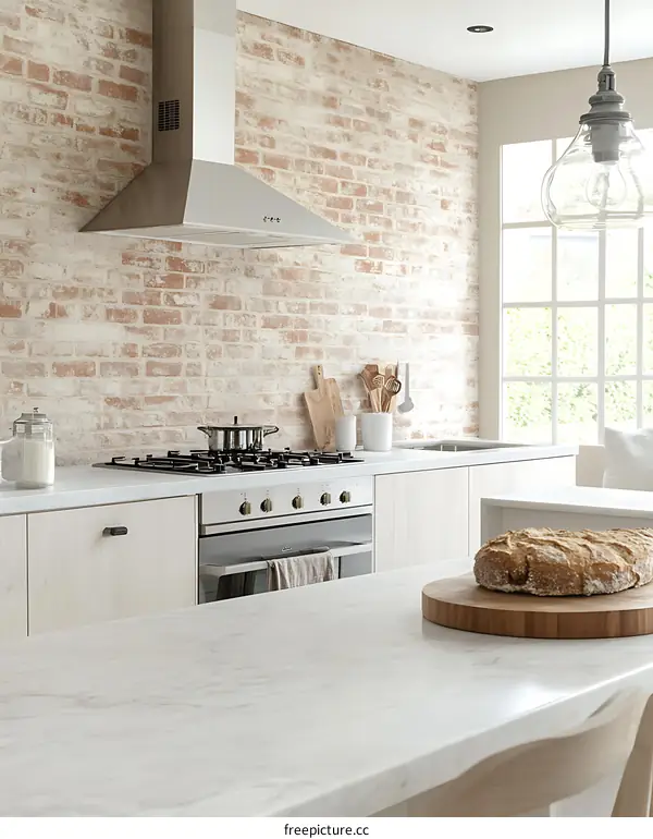 Modern Kitchen with Rustic Brick Backsplash