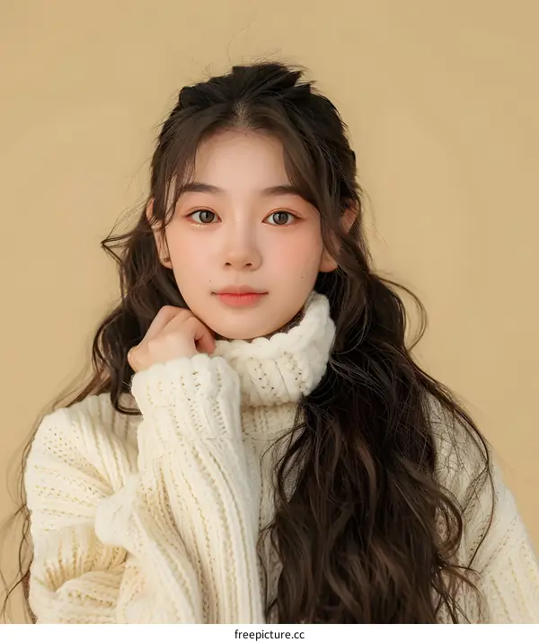 Portrait of Young Asian Woman with Long Curly Hair Wearing White Knitted Sweater
