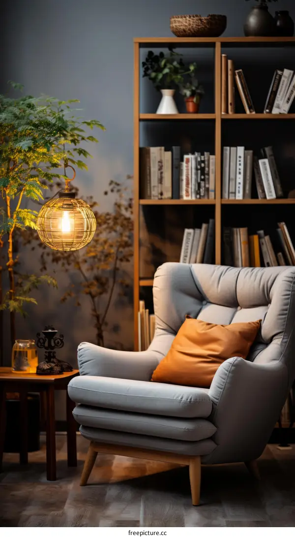 A comfortable reading chair in a home library.