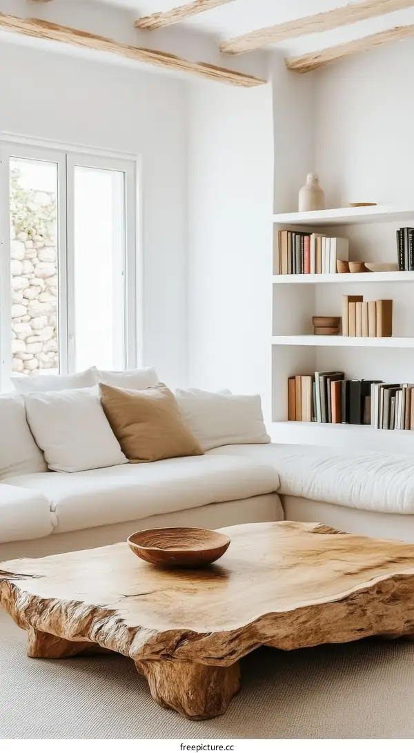 Modern Minimalist Living Room with a Unique Wooden Coffee Table
