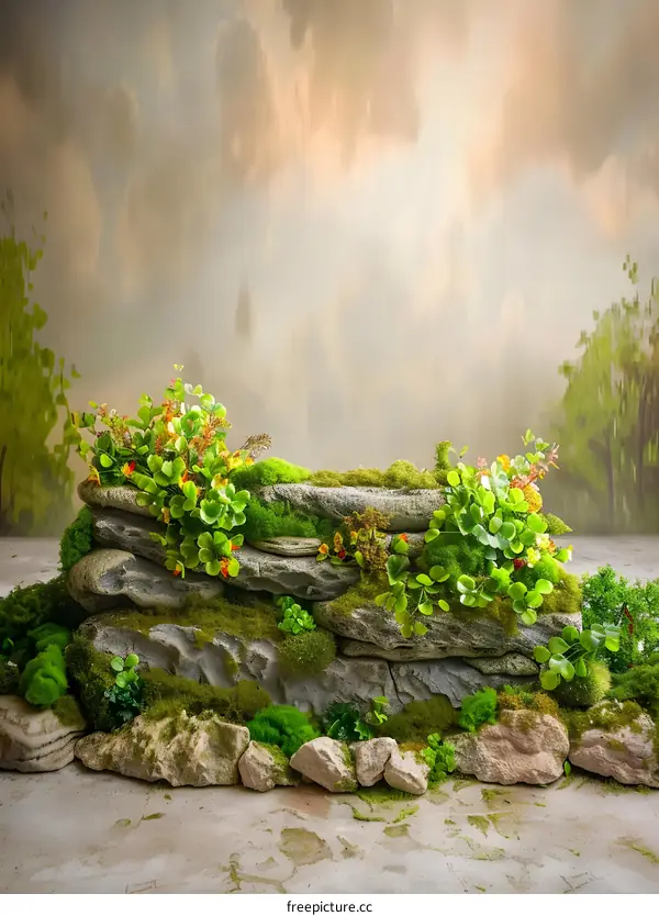 Stone Wall With Green Plants And Moss Background