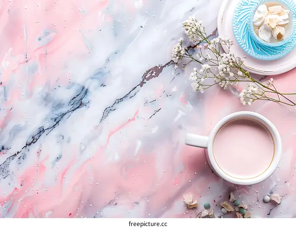 Pink Marble Background with Coffee Cup and Flowers