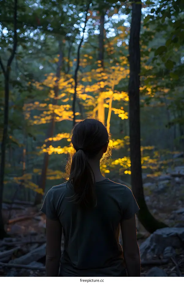 girl standing with ponytail in front of sunlit autumn trees
