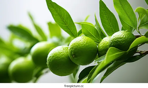 A branch of a lime tree with green leaves and unripe limes hanging from it