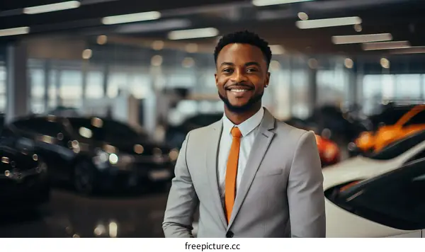 Portrait of a smiling African American car salesman in a suit standing in a car dealership
