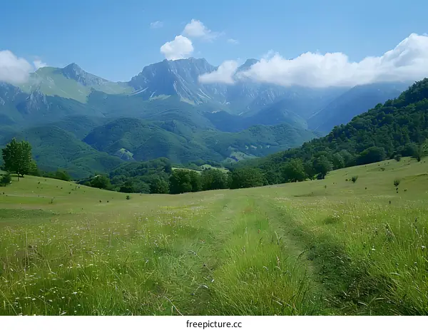 Green Grass Field and Mountain Landscape