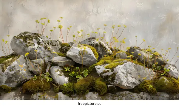 Close Up of Mossy Stones With Tiny Green Plants