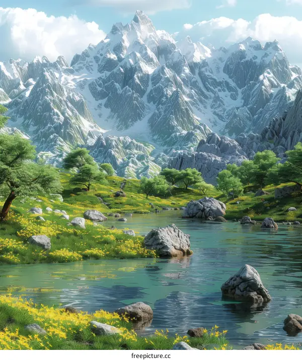 Fantasy landscape with mountains, river, and flowers