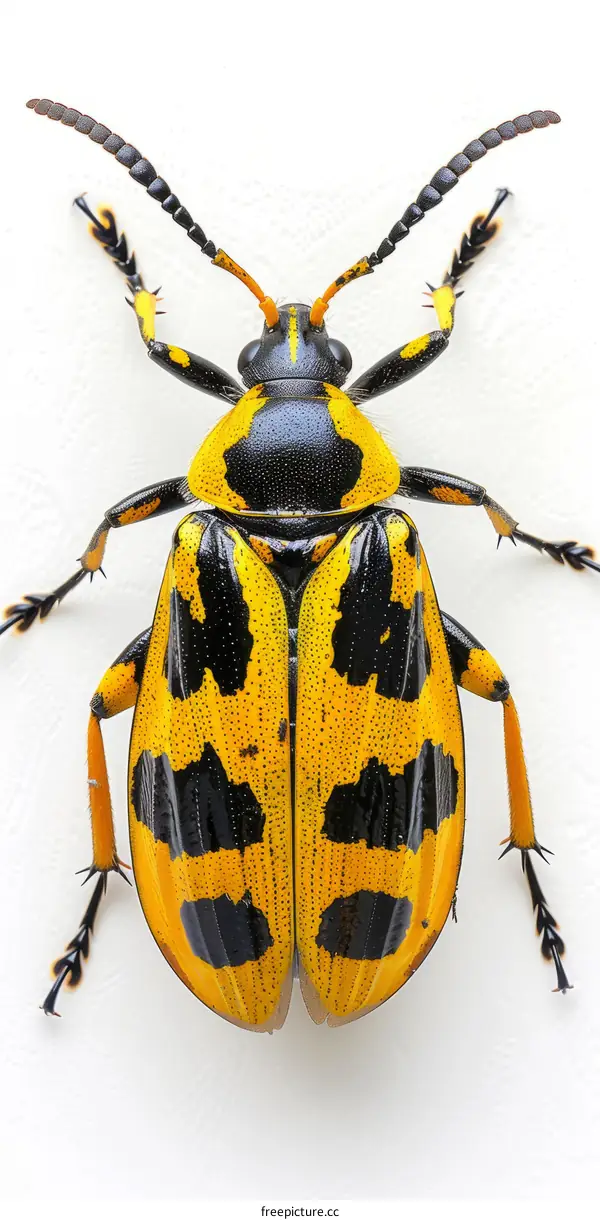 A brightly colored beetle with black and yellow markings on its back