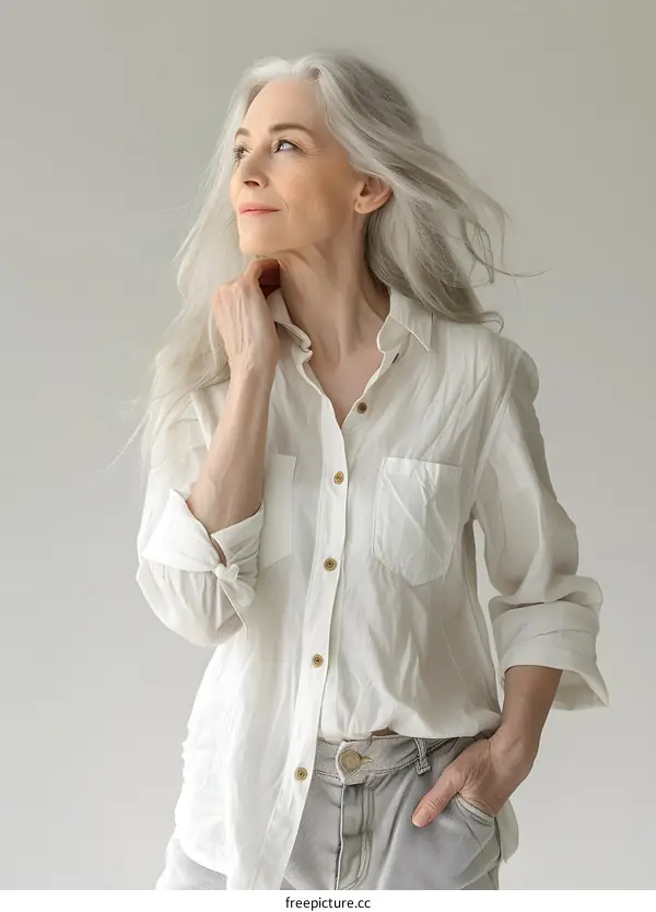 Portrait of a Senior Woman with Gray Hair Looking Up