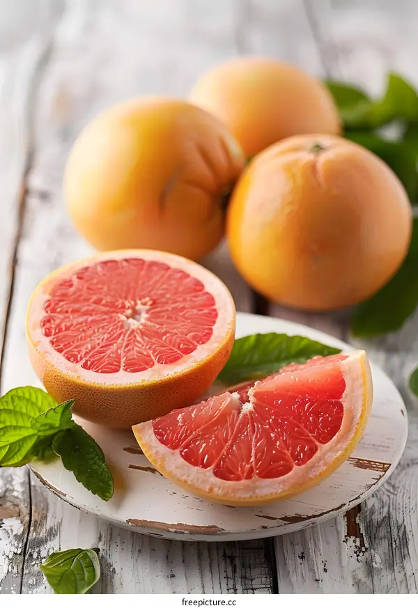 Freshly Cut Red Grapefruit On Wooden Table With Mint Leaves