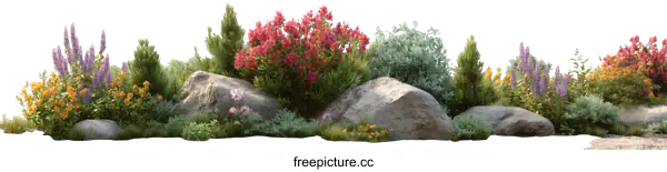 [Transparent Background PNG]Colorful Garden Design with Rocks and Plants
