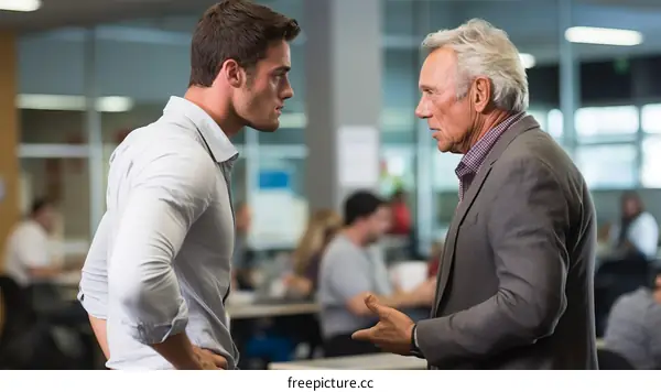 Two men having a serious conversation in an office