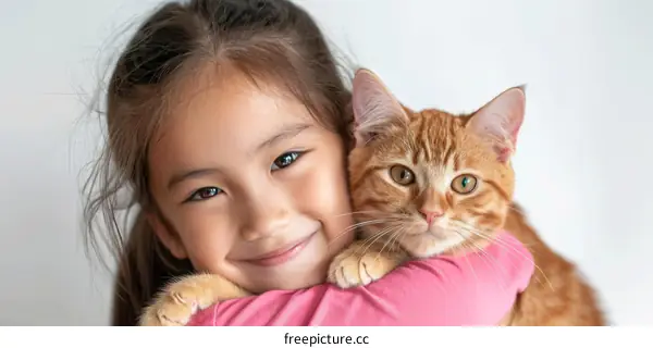 little girl hugging an orange cat