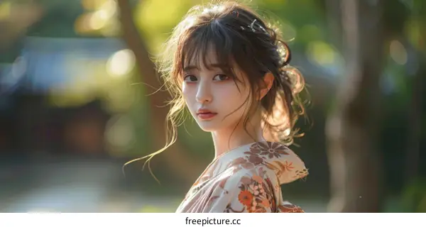 Beautiful Asian Woman in Traditional Japanese Dress