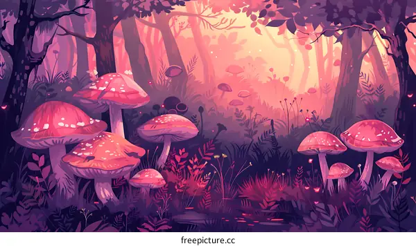 Magical Forest With Red Mushrooms Illustration
