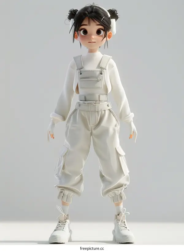 3D illustration of a young girl wearing a white outfit