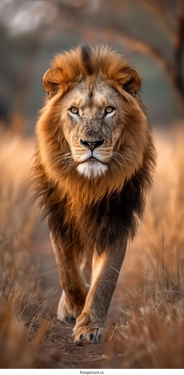 Close-up of a male lion walking in the savanna
