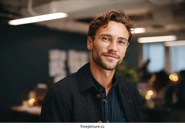 Young man with glasses in modern office setting