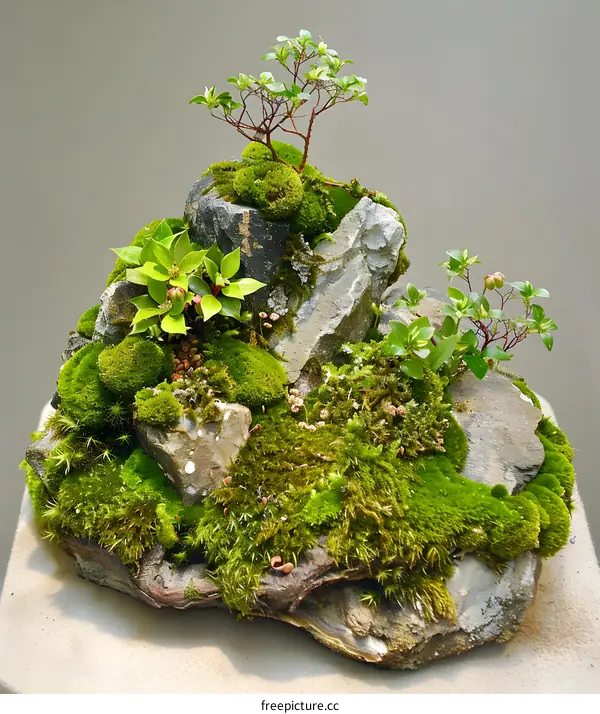 Green Bonsai Tree with Moss and Rocks