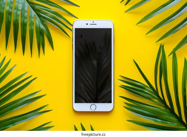 Smartphone with Palm Leaves on Yellow Background
