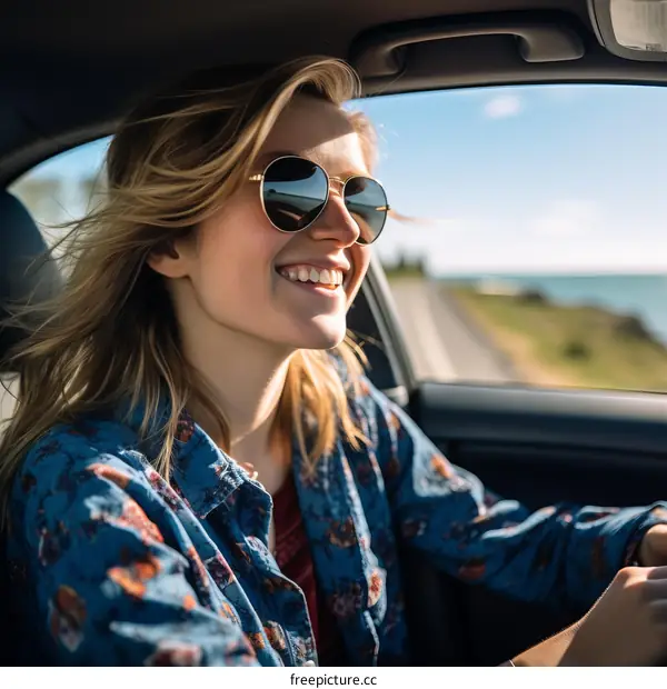Young blonde woman driving a car on a sunny day