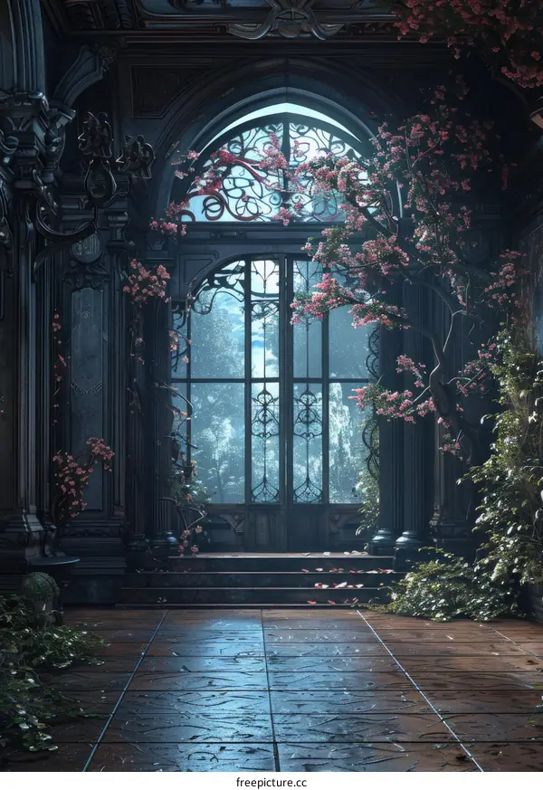 Enchanted Gothic Castle Overgrown with Pink Flowers