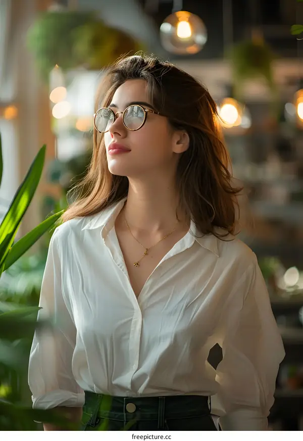 portrait of a young woman in a white shirt standing in a greenhouse