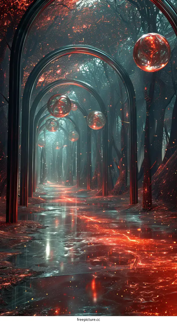 Mystical Red Forest Path with Glowing Orbs of Light