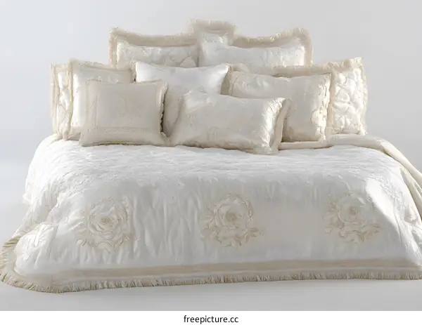White Floral Embroidered Bedspread with Ruffled Pillows