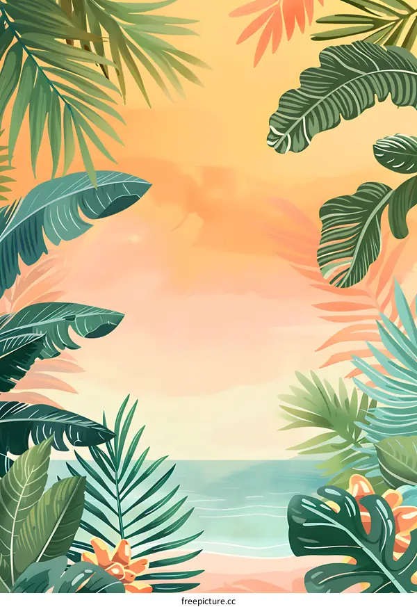 Tropical Beach Sunset Illustration With Palm Leaves