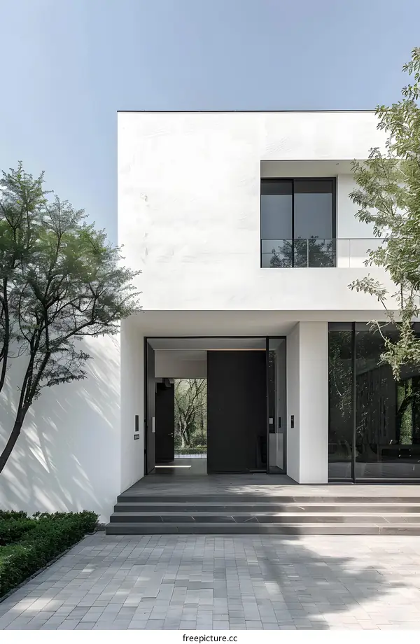 Modern Minimalist Home Entrance with White Walls and Black Door
