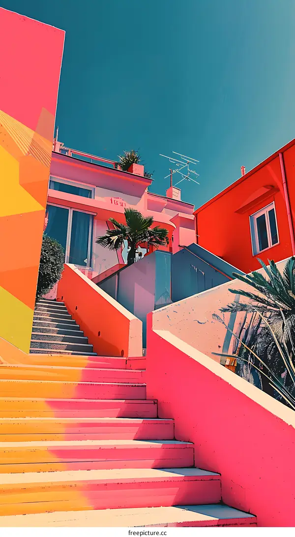 Colorful Staircase Leading Up To Brightly Painted Buildings